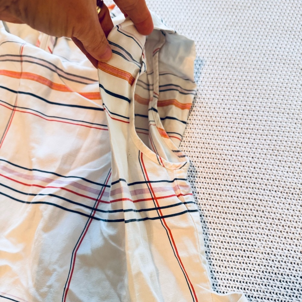 HABITUAL Nell Top White Red Navy Blue Tartan Plaid Striped Blouse w Tie Waist - Picture 11 of 16